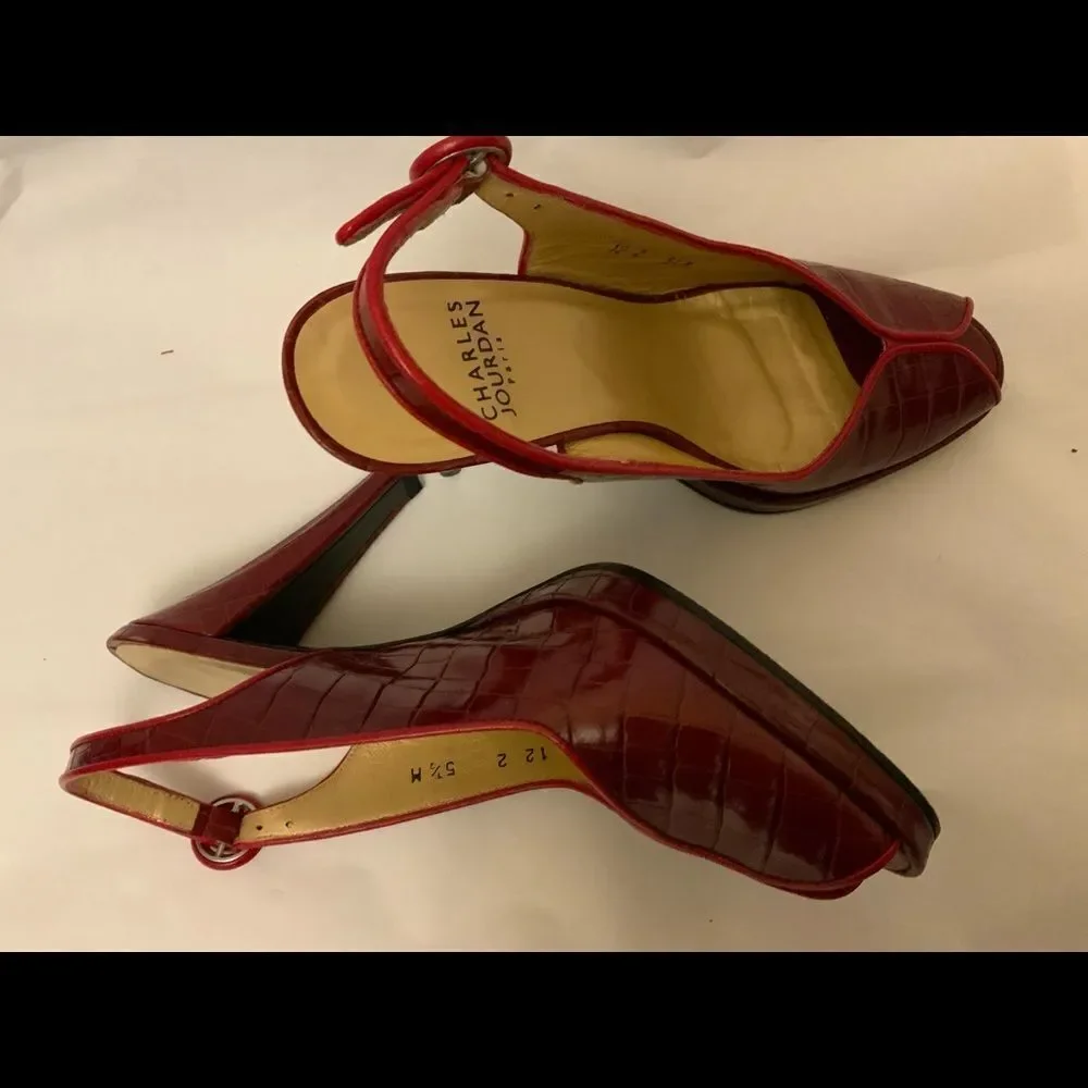 Charles Jourdan Red Alligator Print Peep Toe Heels  Size 5-1/2 M